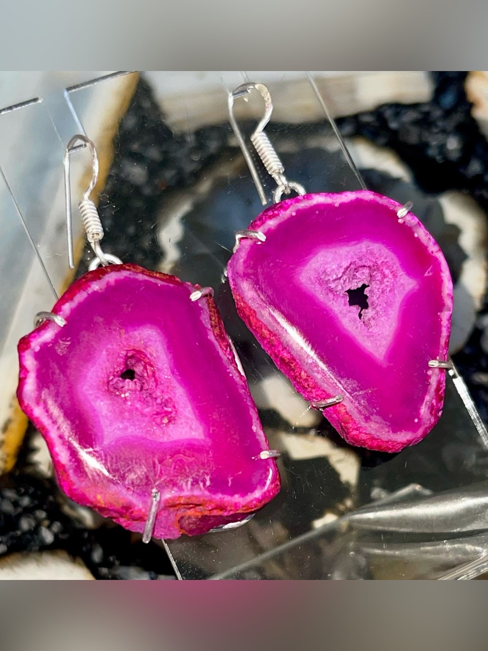 Uneven Pink Agate Slice Drusy w Electroplated Silver Bails 2 1/4”